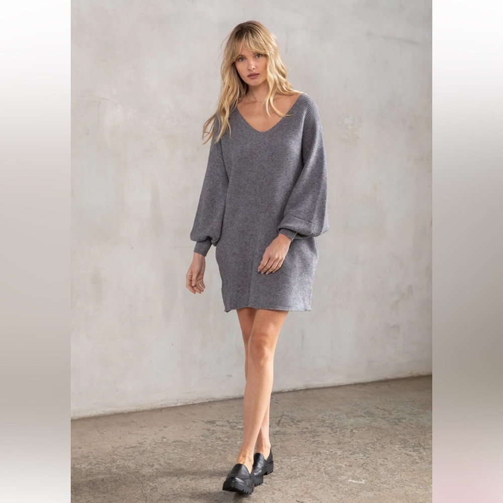 Lovestitch Gray Mellow Sweater Dress Balloon Sleeves, Ribbed V-Neck Mini Dress